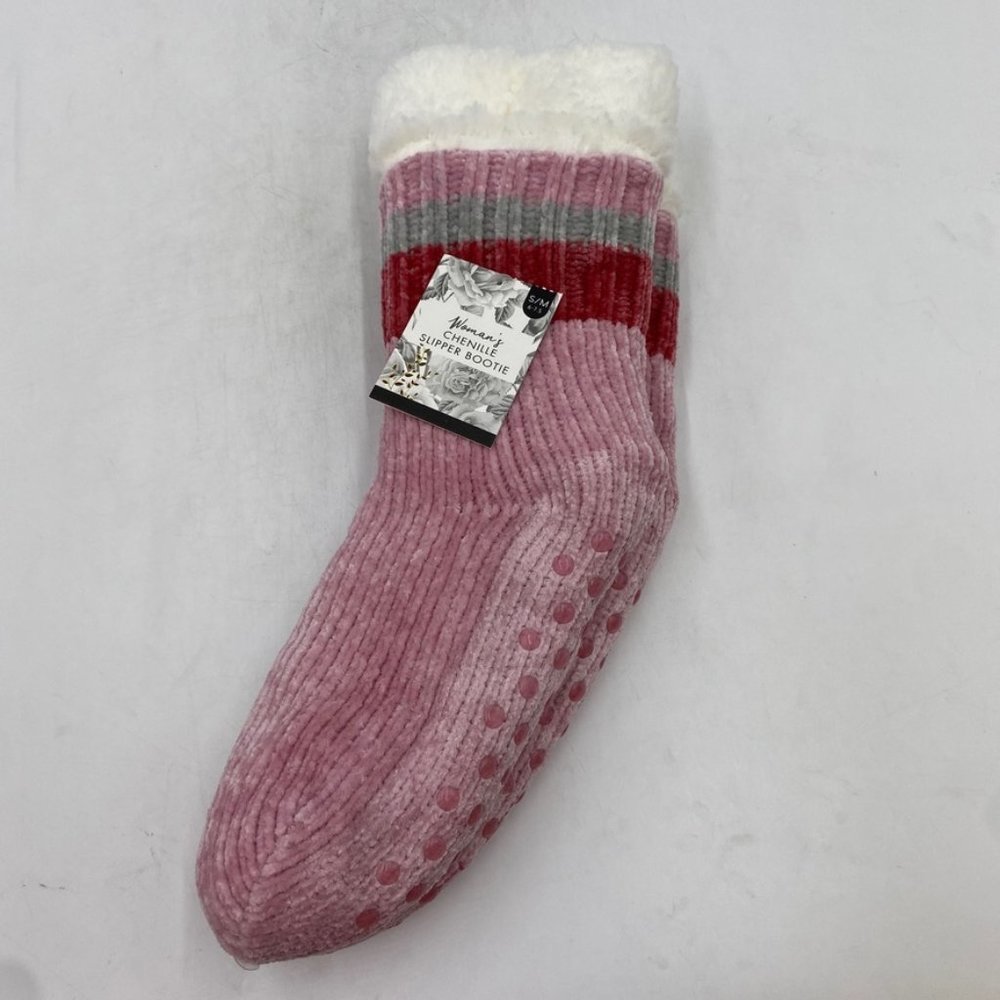 Chenille Woman's Slipper Bootie Pink Stripes Socks
